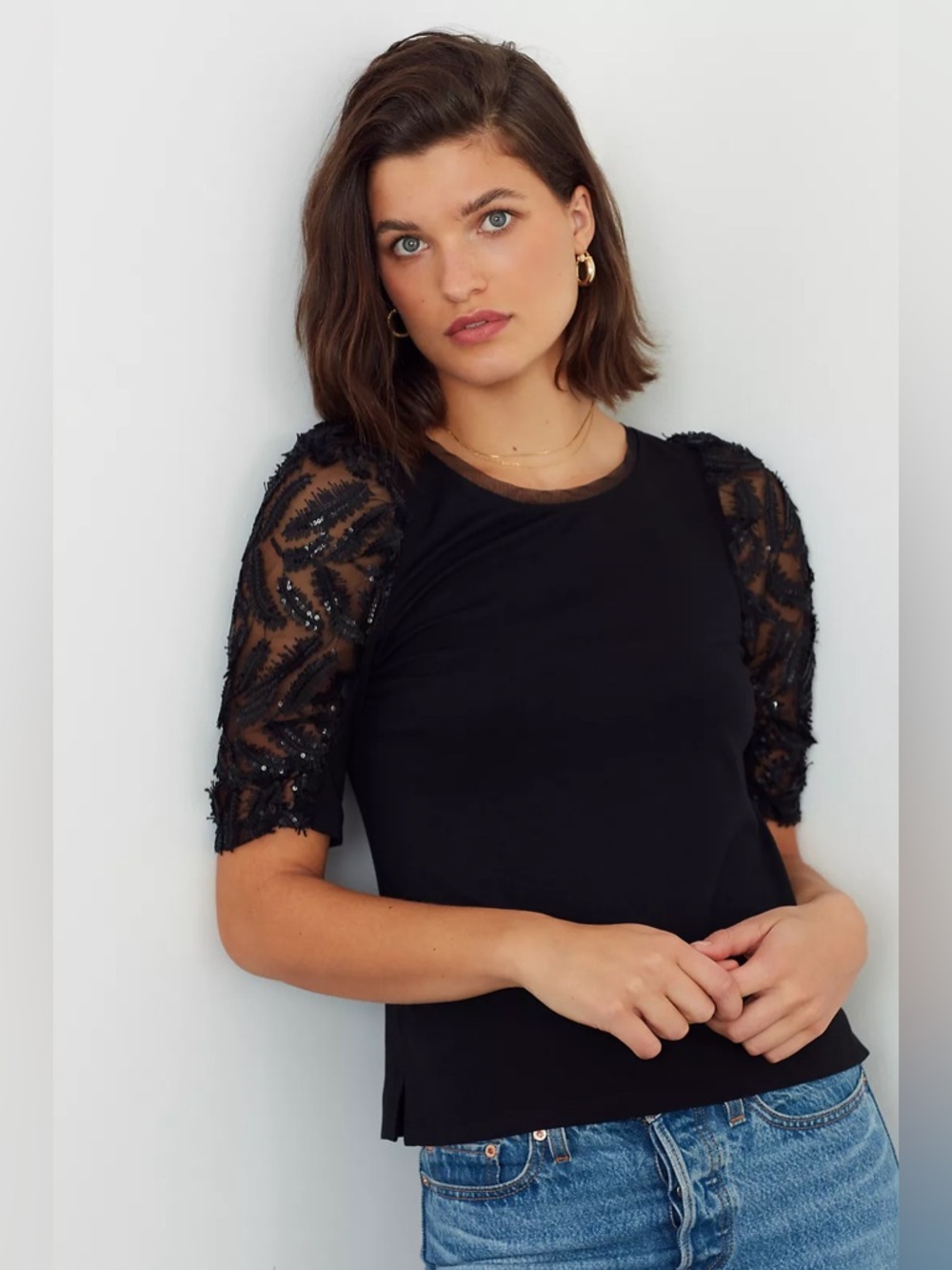 Anthropologie Damiana Puff-Sleeved Blouse Sequined Sheer Black Womens Size Small